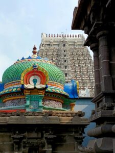 Vibrant close-up of colorful Sri Ranganathaswamy Temple in Tamil Nadu, India.